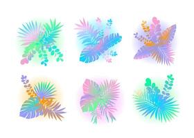 Set of compositions with tropical leaves in the Hawaiian style. Delicate gradient color transitions and grainy texture. vector