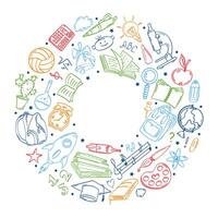 Ornament in a circle with pictograms of an educational concept. In the center there is an inscription back to school. vector