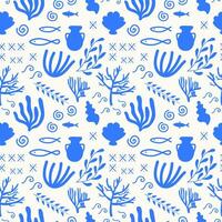 Mediterranean ornamental blue seamless pattern with ceramics, seaweed, shells, fish, branch, ornament. Repeating background with sea Greek motif for design, template, card, textile, print paper vector