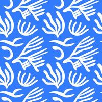 Blue seamless pattern with abstract shapes in Matisse style. Summer marine repeating background with algae, corals, Mediterranean rapport. Design backdrop for textile, print, paper, wrapping. vector