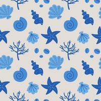 Seashells seamless repeating pattern background, marine motif. Hand drawn seashells in rapport for design, textile, web, wrapping paper, packaging design. Travel and leisure . Boho illustration vector