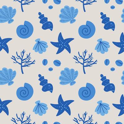 Seashells seamless repeating pattern background, marine motif. Hand drawn seashells in rapport for design, textile, web, wrapping paper, packaging design. Travel and leisure . Boho illustration