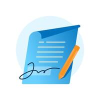Signed document illustration. Contract paper with signature, pen. Legal agreement, business deal, or document approval concept in flat style. For digital signature, paperwork, or official visuals vector