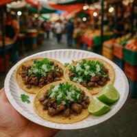A plate of tacos with meat and lime wedges photo
