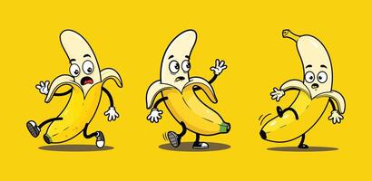 A Set of Funny Cartoon Clipart Featuring Banana Characters in Trouble - Slipping, Falling, and Running on a Yellow Background vector