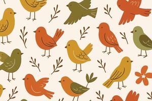 Folk Art Cute Bird Pattern with Autumn Colors on Cream Background with Botanical Elements vector