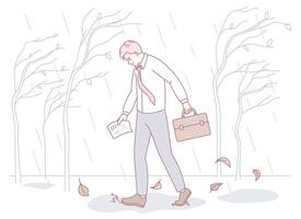 A determined man walks in the rain carrying a briefcase and important papers in hand vector