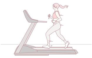 A Woman Engaged in Running on a Treadmill While Using Hand Weights for Fitness Improvement vector