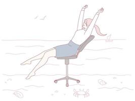 Finding a moment of serenity by relaxing at the beach, all while using an office chair vector
