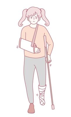 A Brave Injured Girl is Walking with Crutches and has her Arm in a Sling for Support and Healing