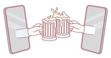 Engage in a Virtual Toast with Beer Mugs while connecting over Screens and Sharing Cheers vector
