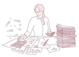 An Office Worker Engaged in Calculating Finances Using Papers and a Calculator Tool for Work vector