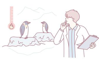 A dedicated scientist is meticulously observing penguins in a frigid, cold environment vector