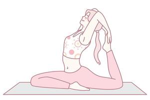 A woman is practicing yoga in a calming and relaxing pose while positioned on her mat vector