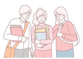 Diverse college students are having a friendly conversation on campus, sharing ideas vector