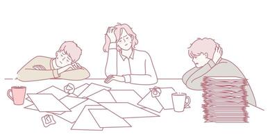A frustrated team is working diligently at their desks, surrounded by a mountain of files vector