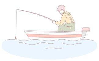 A serene and calm fishing scene is set in a small boat gently floating on a tranquil lake vector