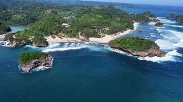 Drone Aerial from Sea Showing Twin Islands and Tropical Coast, East Java, Indonesia video