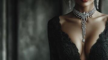 Elegant woman wearing intricate jewelry and a black gown in a softly lit space during an evening event photo