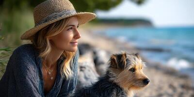 Woman enjoys a serene moment by the beach with her dog during a sunny afternoon photo