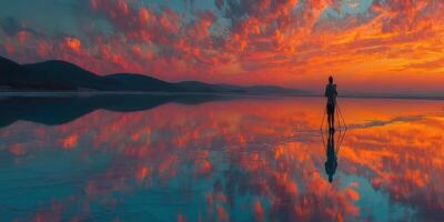 Photographer capturing stunning sunset reflections over a tranquil lake with colorful sky and mountains in the background photo
