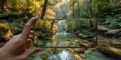 Beautiful forest stream captured through a smartphone in a tranquil natural setting during the day photo