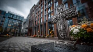 Cross stands prominently amid modern architecture and blooming flowers in a serene urban plaza photo