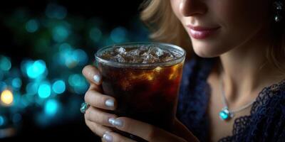 Elegant woman holding a glass of cold beverage with a sparkling background at a sophisticated evening gathering photo