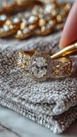 Stunning gold and diamond ring resting on a plush grey cloth during the bright afternoon light photo
