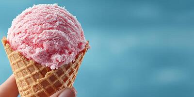 Delicious pink ice cream in a waffle cone held against a bright blue background on a sunny day photo