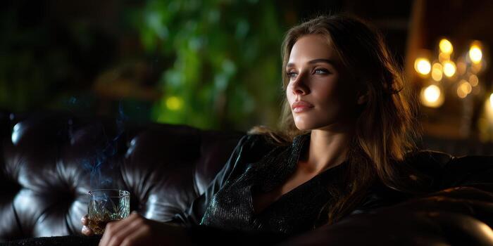 Woman enjoying a quiet moment with a drink in a dimly lit, elegant setting surrounded by greenery and soft lighting photo