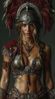 Warrior woman in intricate armor with red feathers stands confidently against a dark background during a creative photoshoot photo