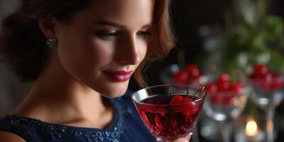Woman enjoying a cocktail adorned with cherries at an elegant evening event in a dimly lit setting photo