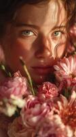 Close-up portrait of a young woman surrounded by pink flowers in soft sunlight showcasing natural beauty and delicate features photo