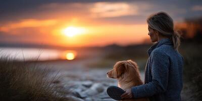 Woman and dog enjoy sunset at a beach while holding a frisbee on a tranquil evening photo