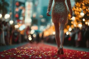 Elegant figure walks down a glamorous red carpet decorated with confetti amidst a bustling city during nighttime festivities photo
