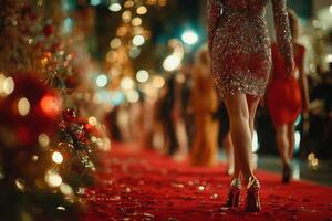 Elegant women in glamorous dresses walk the red carpet at a festive evening event in a city decorated with holiday lights photo