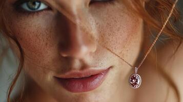 Woman showcases elegant necklace with a sparkling gemstone during a close-up photography session photo