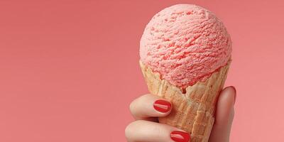 Enjoying a sweet strawberry ice cream cone against a vibrant pink background photo