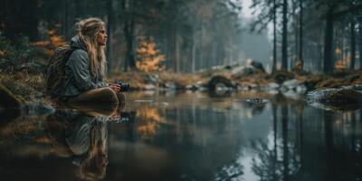 Woman sitting by a calm forest pond, capturing the serene beauty of autumn reflections during a tranquil afternoon photo