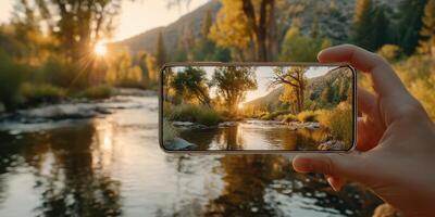 Capturing a serene sunset over a peaceful river in the mountains during golden hour photo