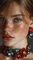 Close-up of a model showcasing vibrant floral jewelry pieces with intricate details in a studio setting photo