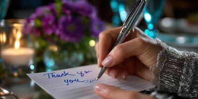 Person writes thank you note at elegant dinner table with flowers and candlelight in evening setting photo