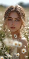 Young woman surrounded by wildflowers in a sunny field during golden hour with soft light illuminating her features photo