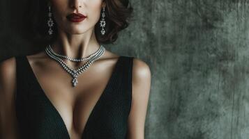 Elegant woman showcasing exquisite jewelry against a textured wall in a stylish setting during nighttime photo