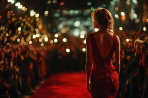 Striking red dress lights up the red carpet during a glamorous evening event in a bustling city photo