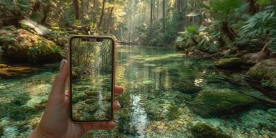 Capturing nature's beauty through a smartphone in a tranquil forest stream photo