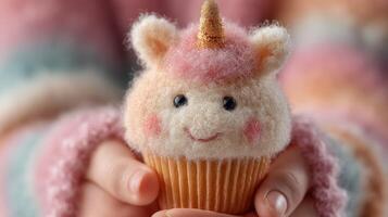 Cute unicorn-themed dessert with pastel colors and a smiling face being held in cozy hands photo