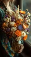 Bright and colorful flower bouquet held by a young woman in a cozy indoor setting during the afternoon photo
