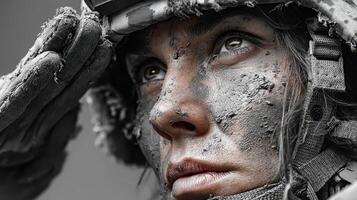 Close-up of a soldier saluting with dirt on her face during a military operation in a conflict zone at dusk photo